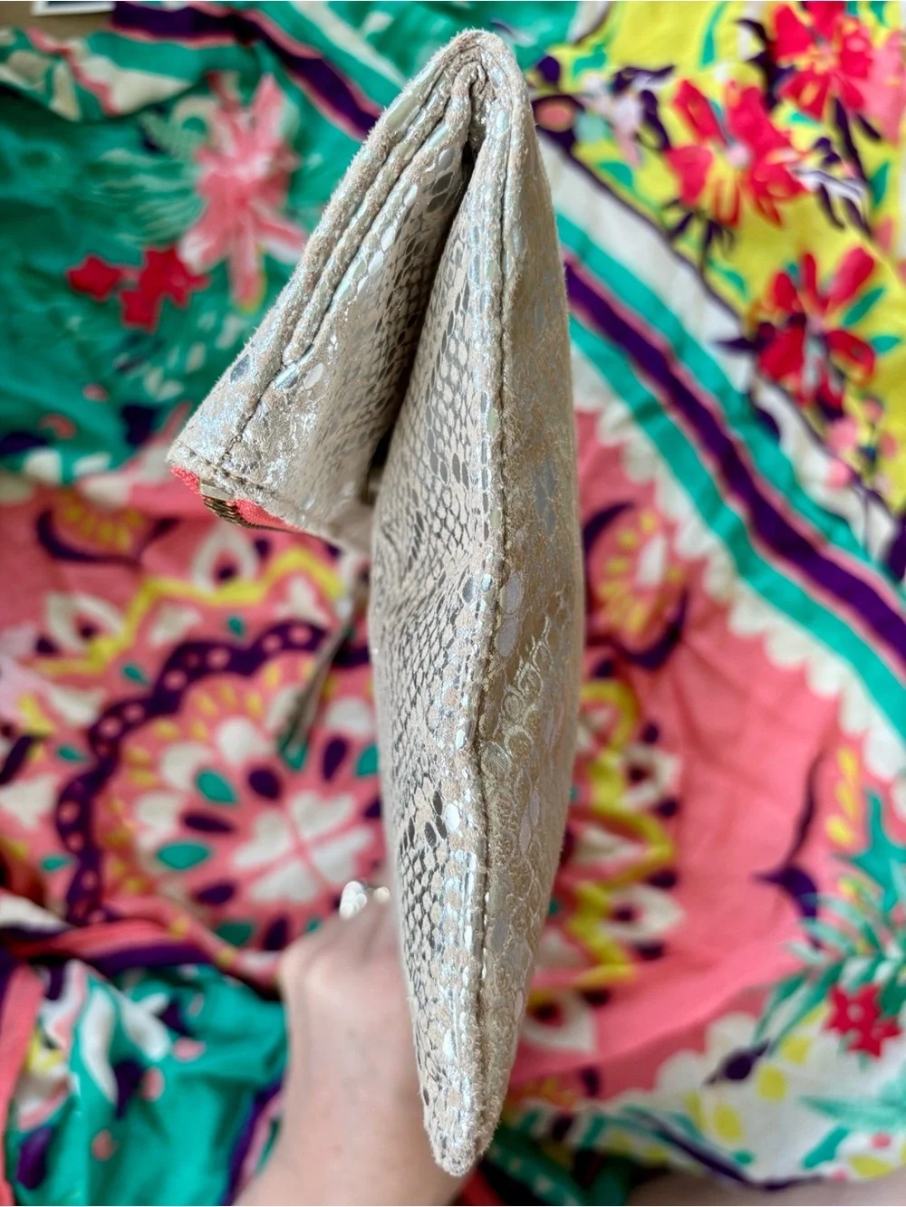 American Eagle Metallic Snakeskin Foldover Clutch Magnetic Snap Close Coral Zip